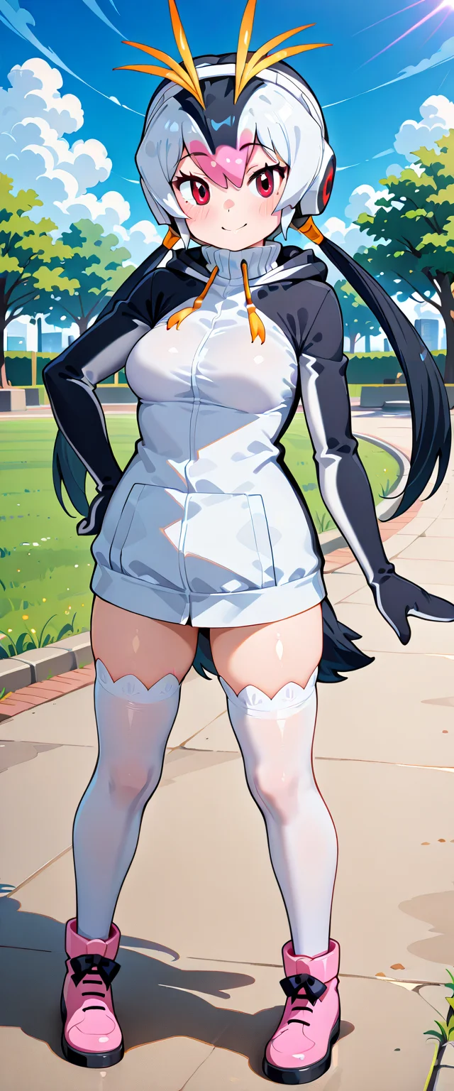 1girl, <lora:royal_penguin_kf_ilxl_v1:1>, royal penguin \(kemono friends\), penguin girl, penguin tail, tail, multicolored hair, two-tone hair, white hair, black hair, blonde hair, pink hair, hair. streaked hair, headphones, hair tube, hair ornament, black eyes, red eyes, medium breasts, rpkf1st, turtleneck, hoodie, two-tone hoodie, animal hood, penguin hood, drawstring, hooded jacket, black jacket, white jacket, white thighhighs, thighhighs, zettai ryouiki, shoes, pink footwear, full body, standing, blush, smile, looking at viewer, park, on grass, blue sky, cloud, masterpiece, best quality, very aesthetic, absurdres