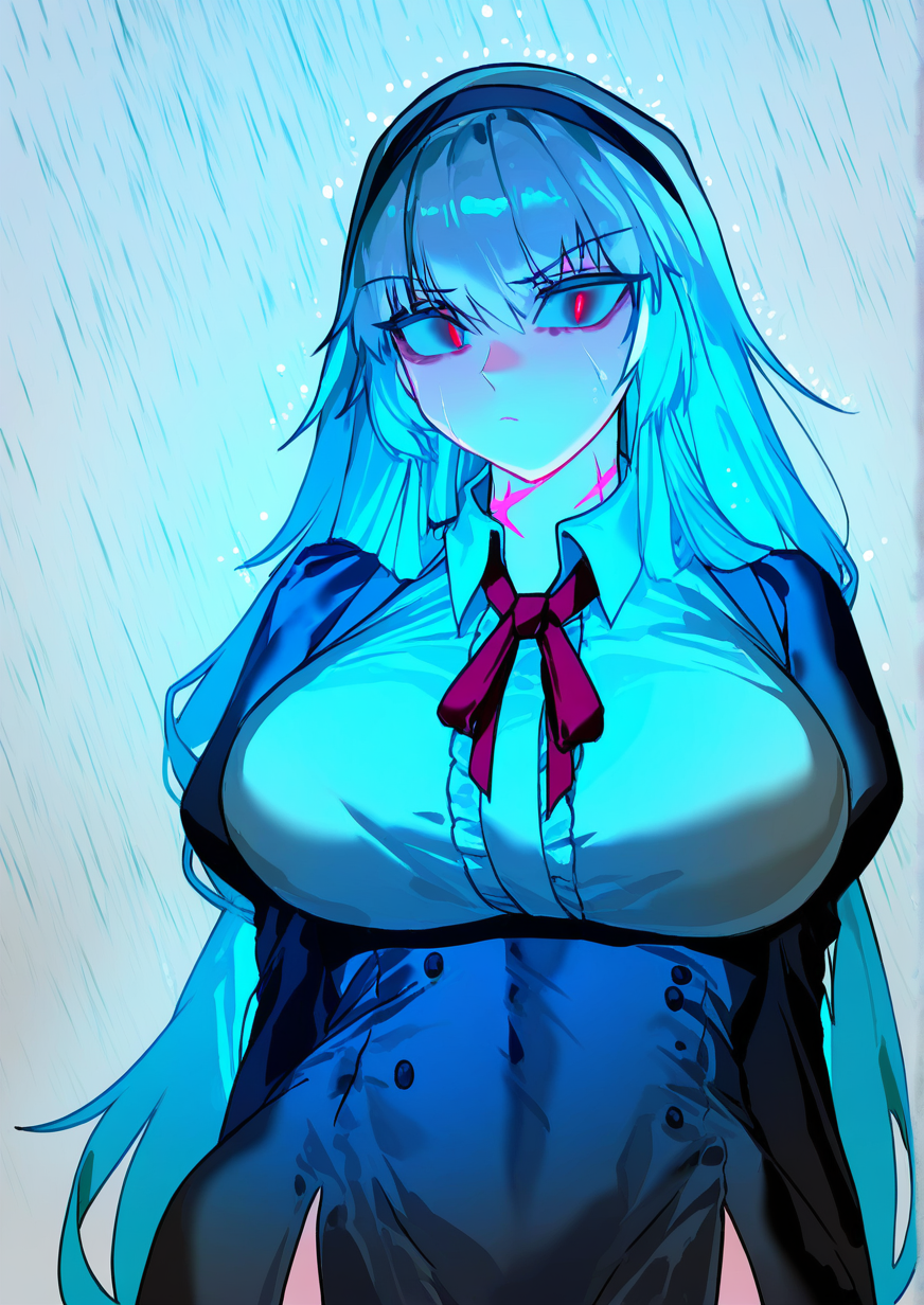<lora:Bogo:1>,1girl, thunder (girls' frontline), detailed background, huge breasts, wide hips, grey background, grey hair, hairband, long hair, looking at viewer, neck ribbon, rain, red eyes, ribbon, scar, scar on neck, solo, upper body, 
very awa, masterpiece, best quality, highres, absurdes,amazing quality,year 2024,newest