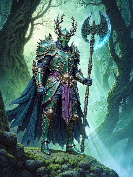 famous artwork, masterwork fantasy digital painting, 8k, 4k, dark enchanted forest, a towering armored knight stands in the foreground, facing forward with a commanding presence, his muscular physique emphasized by the heavy, ornate armor, the knights plate armor is a dark, rich green with intricate black and purple accents, decorated with motifs of vines, leaves, blossoms and elaborate flourishes, seamlessly blending with the forest around him, the helmet features curling, menacing horns and eerie glowing green eyes, enhancing his supernatural and ancient aura, he grips a massive battle axe in his right hand, the blade glowing with an intense, ethereal blue light, while a large shield matching his armor's organic design rests on his left arm, both battle axe and shield detailed with intricate engravings and naturalistic motifs, giving them an ancient, mystical appearance, the background is a misty, dense forest of tall, gnarled trees wrapped in thick moss and hanging vines, the forest floor is uneven and shadowed, scattered with twisted roots and patches of faintly glowing undergrowth, the fog weaves through the trees, adding depth and a dreamlike, eerie atmosphere, the camera angle is slightly low, looking up at the green knight, emphasizing his size, dominance, and the grandeur of the surrounding mystical forest, the wide framing captures both the towering trees and the full figure of the knight, drawing the eye upward toward his glowing battle axe, the lighting is soft and diffused with a bluish-green tint, atmospheric mist enhances the depth and separation between foreground and background, delicate shafts of cold light filter through the canopy, highlighting the metallic gleam of the armor and the magical glow of the battle axe, deep shadows create strong contrast without overwhelming the image's rich texture, painted with ultra-high-definition digital illustration techniques, blending realistic texturing with stylized fantasy elements, smooth gradients, fine surface detailing, crisp silhouette, color grading emphasizes dark greens, muted purples, and luminous blues for an immersive, mysterious mood, ovg, studio ghibli dark fairytale, <lora:style-dark_ghibli-flux-by_arsmachina:0.68> <lora:flux_ultimate_at_home-hiresfix_lora-flux-by42lux:0.28>