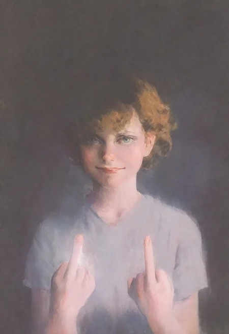 a girl,freckles,looking at viewer,light hitting one side of face, the other side in darkness,smirk face,double middle finger,Dark room background,gamer room,Takagi-san,norman rockwell style,high quality