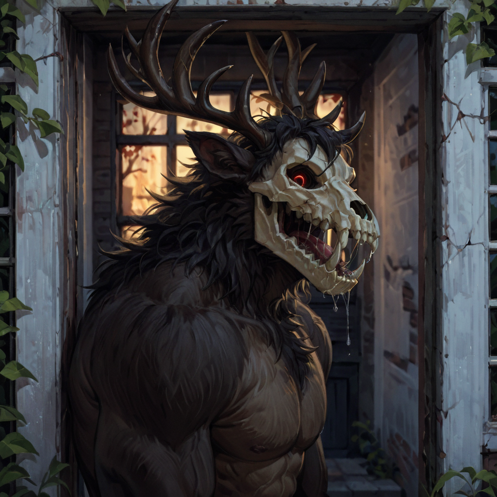 safe_pos, score_9_up,score_8_up,score_7_up,score_6_up,score_5_up,score_4_up, masterpiece, high quality, digital painting, source_furry, source_monster,  zPDXL3, BREAK,
(((outside))), (((behind window))), looking in,
w3ndigo,wendigo,horror (theme), monster, creature, black fur, horns, skull face, antlers, glowing eyes, sharp teeth, claws, muscular, hair, black skin, drool, saliva, saliva strands
<lora:Wendigo for PonyXL:0.5>, <lora:SDXL_Black_Sa_May:2>