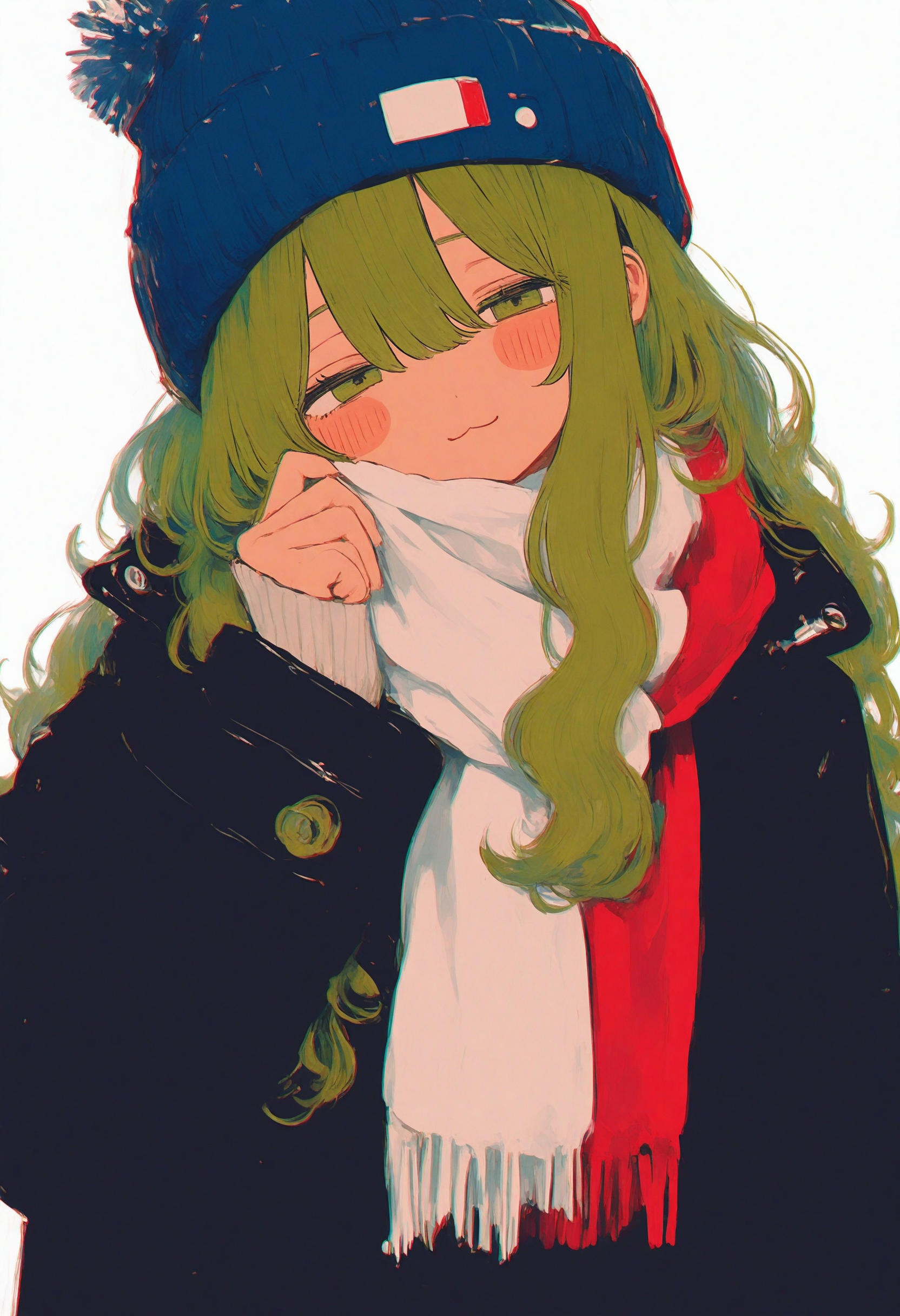 1girl, 
very awa, chromatic aberration, 748cm, solo, scarf, white scarf, hat, long hair, white background, green hair, simple background, sleeves past wrists, green eyes, looking at viewer, beanie, closed mouth, upper body, hair between eyes, long sleeves, hand up, blue headwear, jacket, black jacket, half-closed eyes, coat, hand on own face, sidelocks, winter clothes, smile, blush stickers, wavy hair, red scarf, :3, head tilt, light smile, buttons,
A young girl with long green hair and a blue beanie. she is wearing a black jacket with white buttons and a red scarf around her neck. the background is white, making the colors of the outfit stand out. the overall style of the illustration is cartoon-like and playful.
masterpiece, best quality, oil painting \(medium\)
 <lora:748cm-NoobEPS100-lokr-v03-000080:1>