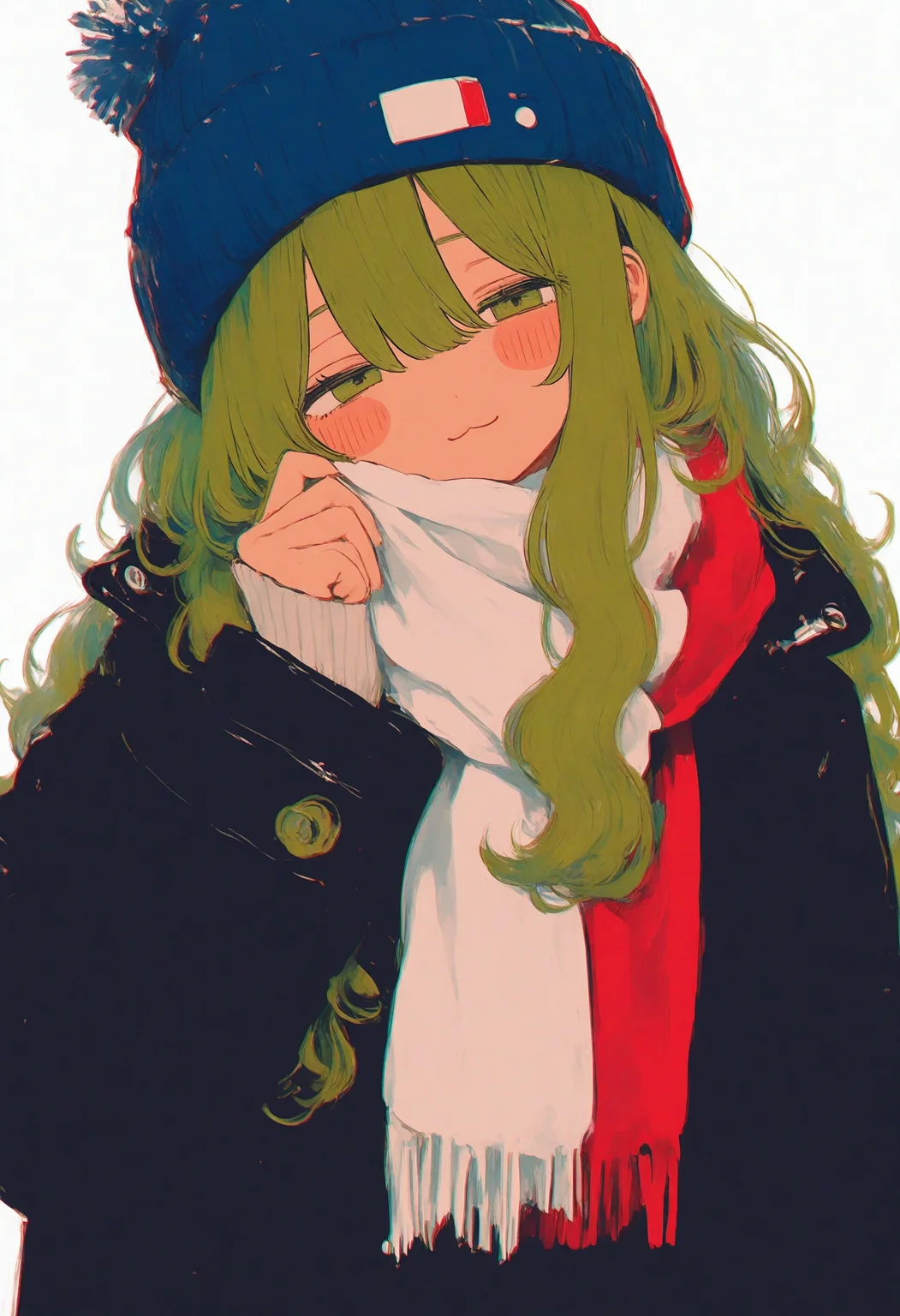 1girl, 
very awa, chromatic aberration, 748cm, solo, scarf, white scarf, hat, long hair, white background, green hair, simple background, sleeves past wrists, green eyes, looking at viewer, beanie, closed mouth, upper body, hair between eyes, long sleeves, hand up, blue headwear, jacket, black jacket, half-closed eyes, coat, hand on own face, sidelocks, winter clothes, smile, blush stickers, wavy hair, red scarf, :3, head tilt, light smile, buttons,
A young girl with long green hair and a blue beanie. she is wearing a black jacket with white buttons and a red scarf around her neck. the background is white, making the colors of the outfit stand out. the overall style of the illustration is cartoon-like and playful.
masterpiece, best quality, oil painting \(medium\)
 <lora:748cm-NoobEPS100-lokr-v03-000080:1>