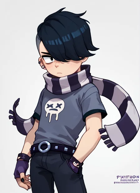 score_9, score_8_up, score_7_up, <lora:bsedgar:1>bsedgar , 1boy , short hair , black hair, hair over one eye, ear piercing, solo,striped scarf grey shirt, short sleeves, belt , black pants ,black gloves, fingerless gloves, black nails, <lora:PossumMachine:1>posmach