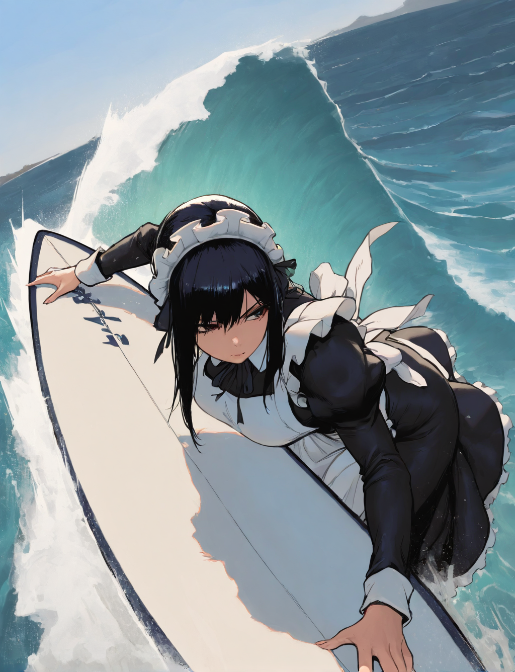 black outline, masterwork, masterpiece, best quality, dynamic lighting, BB, professional, detailed, detailed_eyes, masterpiece, 1 girl, maid, ((sunday, day)), glare on the water, surfboard, on background of a wave, surf trick, maid's dress with an apron, dynamic lighting, HeavyZ, motion lines,  <lora:add-detail-xl:1.5> <lora:748cmSDXL:0.7> <lora:venguard3:1>