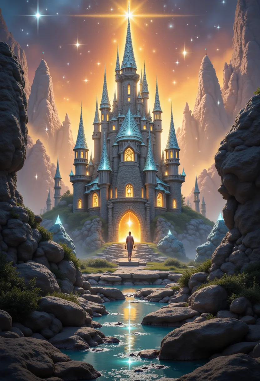 A crystalline castle shimmering in the light of dawn, digital art, tags: sparkling castle, dawn light, glowing crystals, fantasy landscape, ethereal, detailed textures, majestic, mystical atmosphere, serene, vibrant colors, fantasy architecture, otherworldly, sparkling effect, serene mood, magical, luminous, golden hues, towering structure, digital painting, enchanted