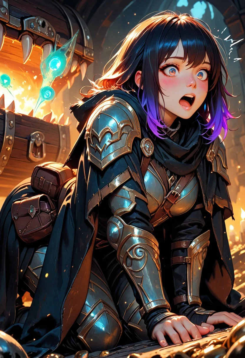 (masterpiece), (best quality), 8k, 1girl, fantasy adventurer girl, surprised, open mouth, treasure chest, Mimic, Mimic chest, Kneeling down, whimsical dungeon interior, glowing magical torches, scattered loot around, soft warm lighting, stylized fantasy armor, leather satchel, short cloak, colorful atmosphere, playful fantasy mood, cinematic lighting, semi-realistic style, detailed environment, magical sparkles in the air,
Close up,
