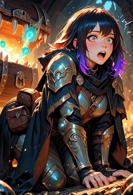 (masterpiece), (best quality), 8k, 1girl, fantasy adventurer girl, surprised, open mouth, treasure chest, Mimic, Mimic chest, Kneeling down, whimsical dungeon interior, glowing magical torches, scattered loot around, soft warm lighting, stylized fantasy armor, leather satchel, short cloak, colorful atmosphere, playful fantasy mood, cinematic lighting, semi-realistic style, detailed environment, magical sparkles in the air,
Close up,
