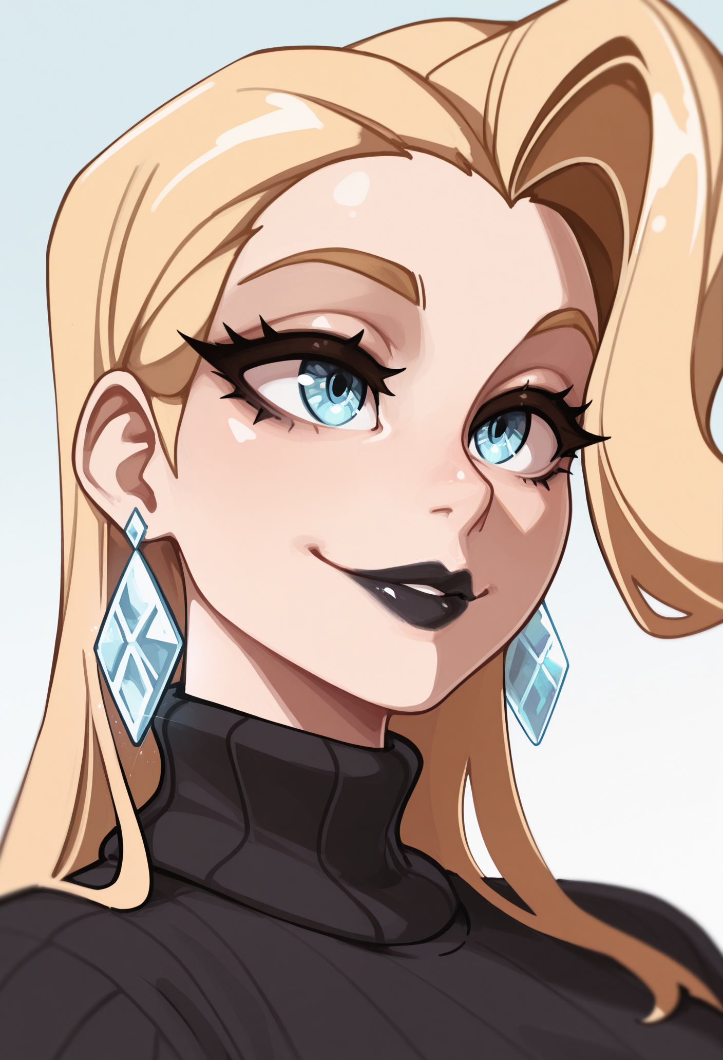 1girl, solo, sweater, portrait, black sweater, smile, 
blonde hair, long hair, asymmetrical hair, blue eyes, black lips, diamond earrings, 
masterpiece, best quality, <lora:emmafrostMR(XR)-guy90-Illust-LoraV101:1>, xrtsme, <lora:Bongfill-guy90-IllustriousV101:1>, lifnob