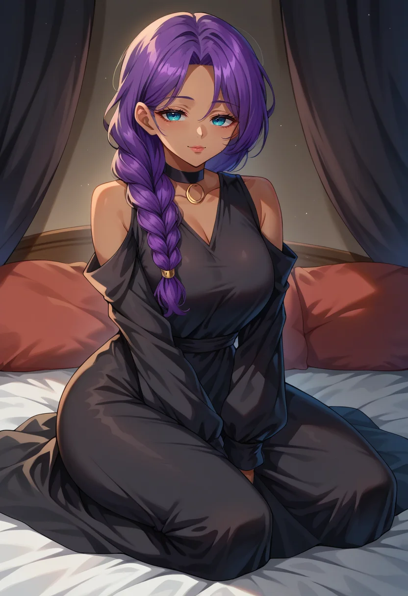 score_9, score_8_up, source_anime, 1girl, solo, ChaMmVT, mature female, blue eyes, mole under mouth, purple hair, long hair, braided ponytail, hair over shoulder, dark skin, bedroom eyes, smiles, kneeling, on bed, choker, black dress, long dress, shoulder cutout, sleeves past fingers, <lora:ChamChaChaPonyXL:1>, <lora:Hoseki_BocchiTheRock_Pasan_PDXL_v2:1>
