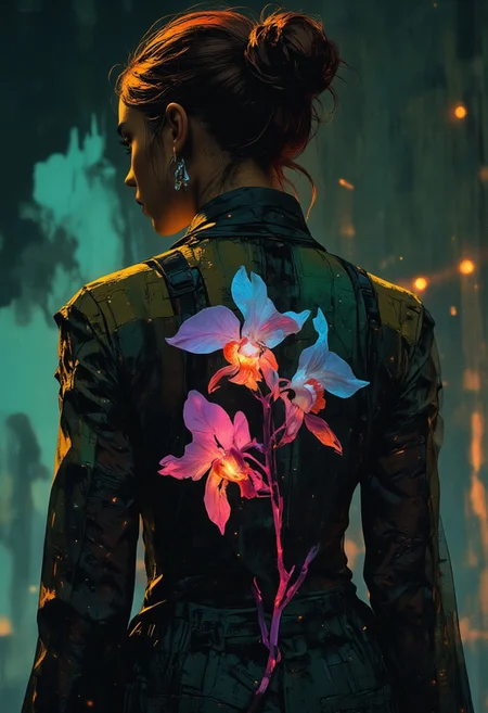 This image is a highly stylized, surreal photograph of a person viewed from behind. The subject has a rich, bronze complexion and short, deep auburn hair pulled back tightly, creating a smooth, polished look. They are wearing a sheer, semi-transparent, deep sapphire garment that drapes loosely around their shoulders and upper back. Through the garment, a delicate, ethereal image of a flower is visible. The flower, which appears to be an orchid, has vivid teal petals and a slender stem with deep violet leaves, adding a touch of natural beauty to the otherwise modern and abstract composition. The background of the photograph is a soft gradient of moody hues, predominantly shades of emerald green, indigo, and warm gold, creating a mysterious, almost otherworldly atmosphere. The light in the image is soft and diffused, casting subtle shadows and highlights that enhance the textures of the fabric and the flower’s petals. The overall effect is one of surreal beauty and artistic expression, blending elements of fashion, nature, and dreamlike abstraction. The photograph is likely digitally manipulated to achieve the soft, almost painterly look, with the use of filters and color adjustments to create a striking, ethereal quality. (mythp0rt, Detailed hand, Hand, Perfect hand, midjourney_whisper_avant_couture)