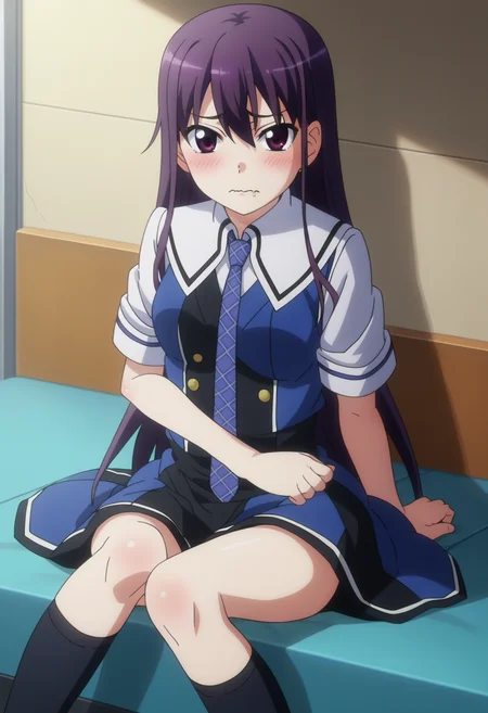 score_9, score_8_up, score_7_up, source_anime,
BREAK
1girl, solo, anime screencap, anime coloring,
<lora:shiYumikoV1:1>, shiyumikonime, long hair, purple eyes, purple hair,
school uniform, blue necktie, shirt, blue dress,
black socks, sitting, loafers,
looking at viewer, covering privates, blush, shy, wavy mouth, saliva trail,