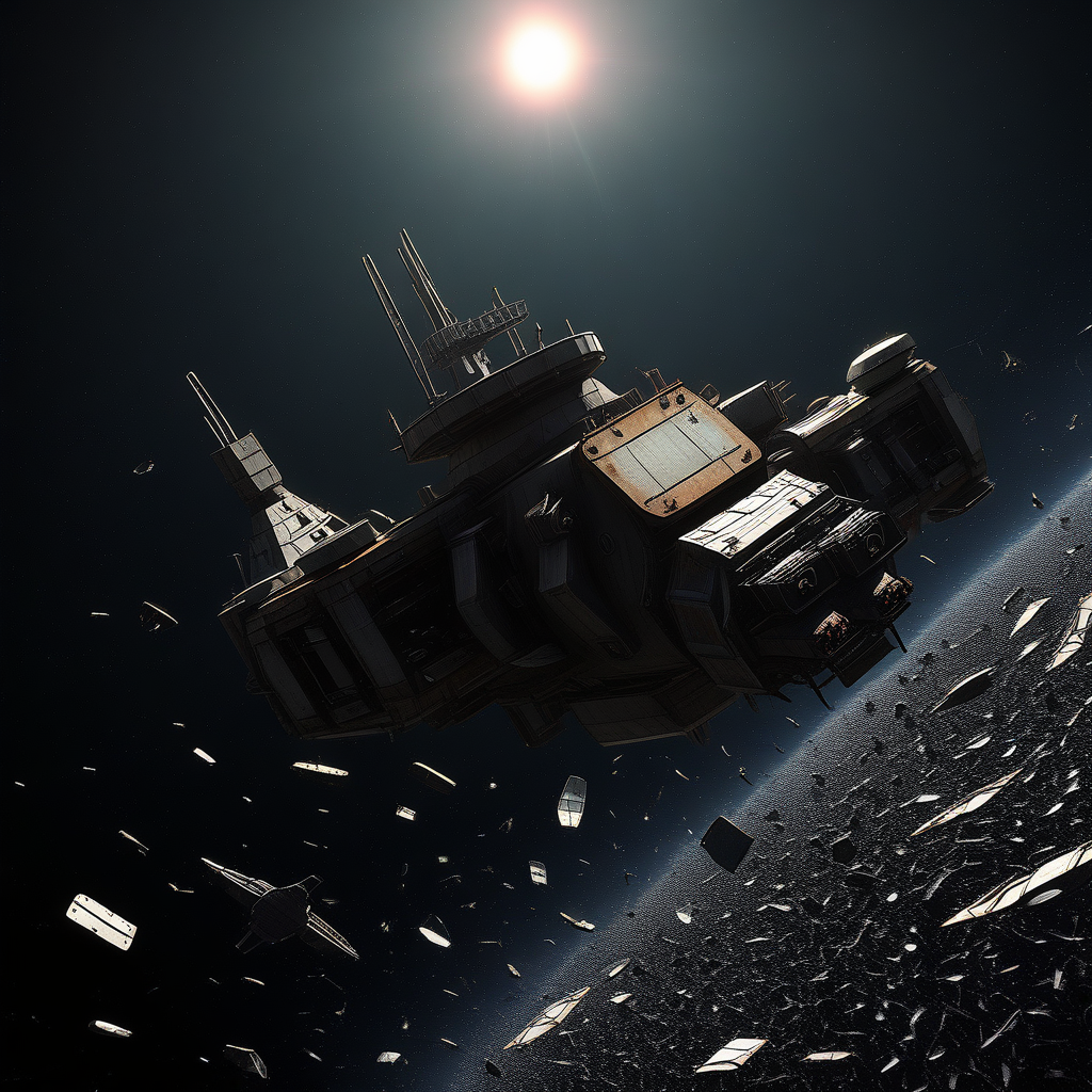 military, damaged, ground vehicle, sky, planet, broken glass, thrusters, ship, scenery, robot