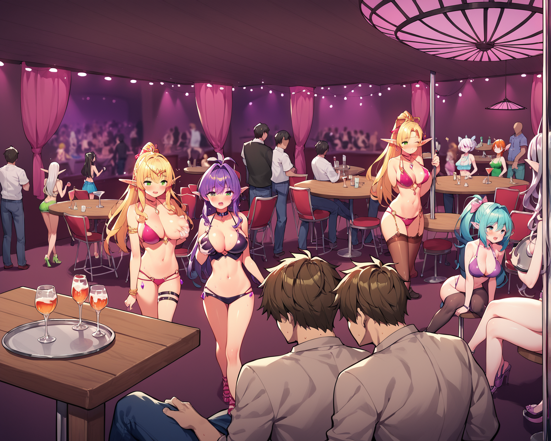 score_9, score_8_up, score_7_up, score_6_up, source_anime, BREAK multiple girls, Focus stacking, layering shot, faceless male, midriff, cleavage, blush, private club, groping, private club, tray, holing tray, implied fellatio, walking, sitting, <lora:Private_Club:1>, grabbing another's breast, tables, chairs, breast press, grabbing another's ass, sex, strip club, pole dancer, elf, slaves, rating_explicit
