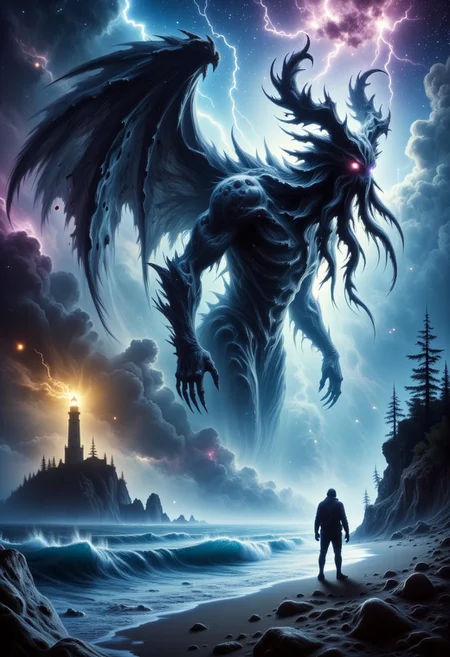 A colossal figure with a kraken head with a beard of a lot of large tentacle and dark wings strides ominously through a stormy ocean night. A tiny sailor stands frozen on the beach, illuminated by a lighthouse's yellow beam on left side island. Lightning splits the sky, revealing a galaxy of stars and a sense of impending terror.