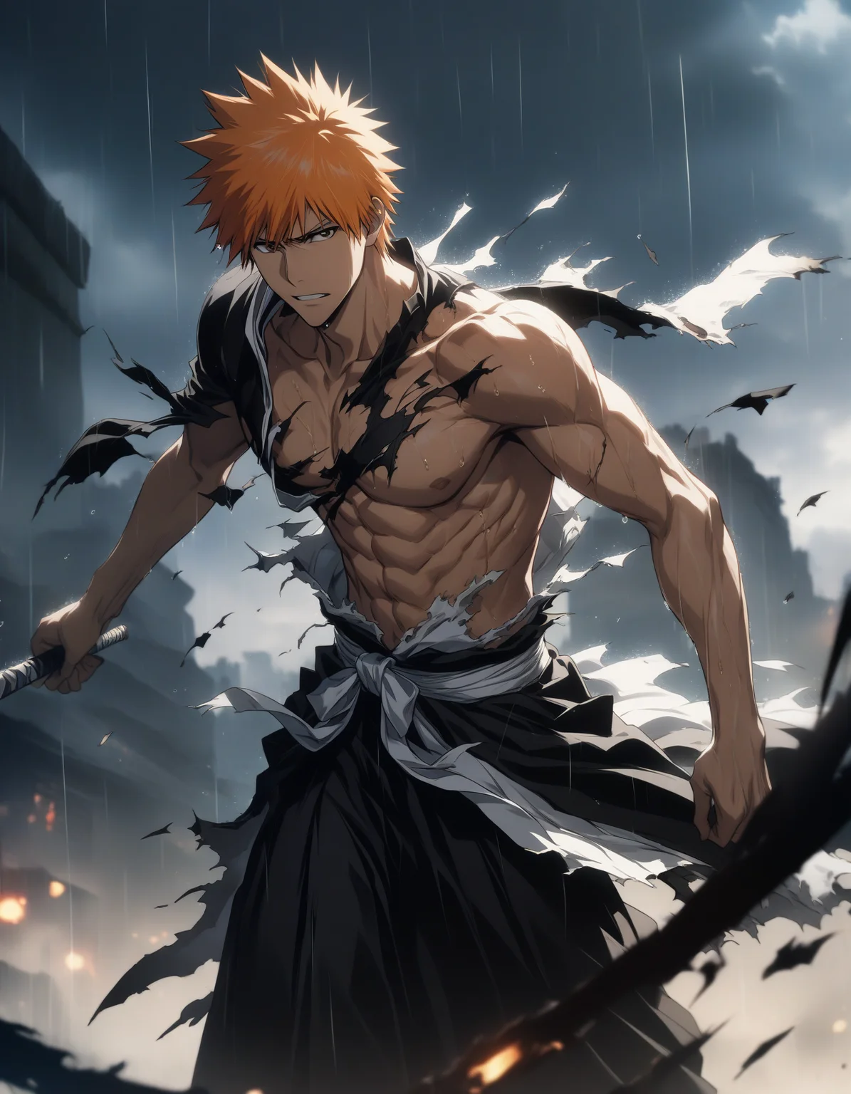 1boy, male focus, kurosaki ichigo, bleach, black hakama, tensa zangetsu (bankai), torn clothes, outdoors, rain, pectorals, (masterpiece), (best quality), (ultra-detailed), very aesthetic, illustration, disheveled hair, perfect composition, moist skin, intricate details,