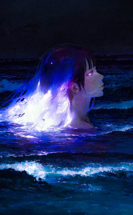 (by rintaro komori:1.2), realistic, 
1girl, portrait, profile, nose, lips, sideways glance, glowing eyes, purple eyes,  dark theme,  slit pupuls, shiny hair, glowing hair, ocean, waves, partially submerged, convenient censoring, 
cinematic, outdoors, scenery, 
very awa,  highres, 
<lora:nhl-004:0.65>  nhl-004,
