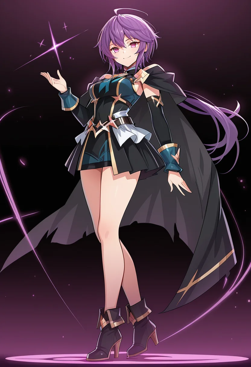 1girl, sole, masterpiece, best quality, high quality, anime, decanee(t), short hair, ponytail, shirt, cape, elbow gloves, high heels, smile, full body, cowboy shot, dynamic shot
