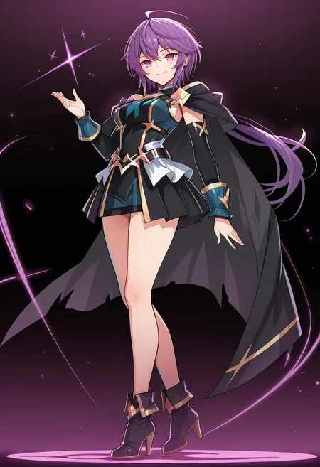 1girl, sole, masterpiece, best quality, high quality, anime, decanee(t), short hair, ponytail, shirt, cape, elbow gloves, high heels, smile, full body, cowboy shot, dynamic shot