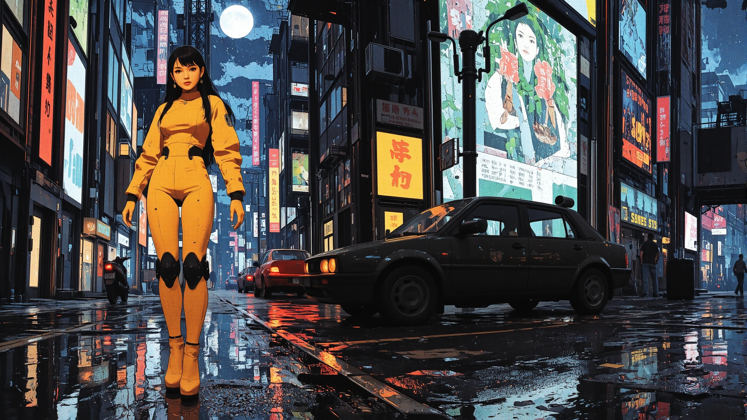 long hair black hair young woman, anime, illustration, cyberpunk, futuristic, extremely detailed, portrait, standing, happy smile, beautiful cyberpunk tokyo buildings landscape, wet floor, windows, car, motorbike, moon in the sky, bright neon lights, screen holograms, kanjis, raytracing, hdr, high contrast, cinematic lights, backlight, reflections, legs, heels, sharp focus, luminous Mustard Yellow robot glossy brilliant armor, body lights, body circuits, glossy lipstick, necklace, leaf earrings, colorful, retrowave, shadows, vibrant colors, colorful, bright, pretty, beautiful, feminine, sexy, lovely, in love, adorable, fashion, <lora:Hand v2:1> <lora:Anti-Blur:2> <lora:Insane Detail Slider:0.5>  <lora:flux.1_lora_flyway_Epic-detail_v2:0.3><lora:fluxenhancer:0.5> <lora:RetroAnimeFluxV1:0.3> <lora:CPA:0.7> <lora:Luminous_Shadowscape:0.4>