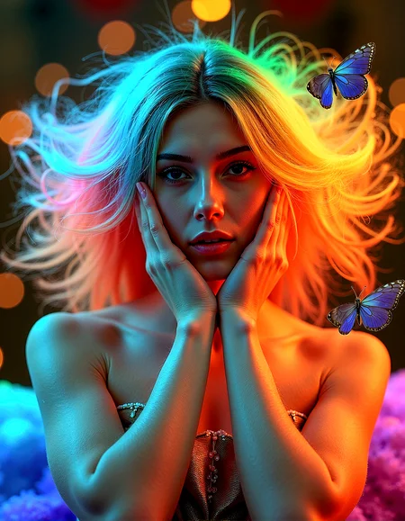 vintage style from 1930s,
Extreme realism in a complex, highly detailed composition featuring a woman with flowing rainbow-colored hair. The glowing background, with its vibrant colors, exaggerated details, intricate textures, and dynamic lighting, creates a whimsical, dreamy atmosphere in photorealistic quality.
Threads of light that float and weave through the air, adding movement and intrigue.
Patterns on the ground or in the background that glow subtly, adding a layer of complexity.Rainbows that appear faintly in the background, adding a touch of color and wonder.Butterfly wings that shimmer in the light, adding life and movement to the scene.
The woman’s hands frame her face gently, with her fingers lightly touching her cheeks.