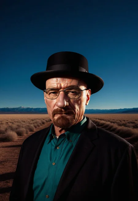 cinematic film still, saturated colors,  negative space, 
1 adult man, 
(breaking bad style), 
face of Walter White, 
 hat, moustache sunshades, 
realmcvillager, bald head, humanoid, bald head, unibrow, big nose,
leading lines, 
backdrop is bluesky_style, blue sky, sunset