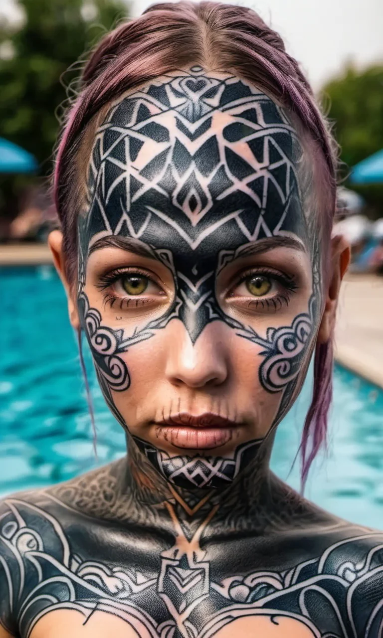 detailed a fully body and face tattooed woman facing the camera <lora:DarTataBodGPlus:1.0> at the public outdoor pool