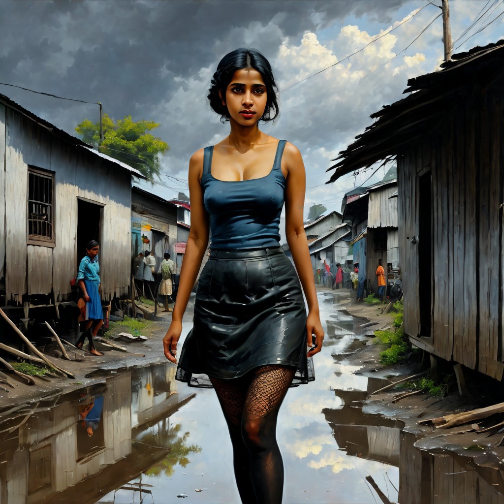 <lora:SDXL_MassiveCowsLoRA_v2E2:1> , (((classical oil painting))), ((Candid))), (((side view of short pretty Bengali girl standing provocatively outside brothel in crowded village))), (leaning), (faded loose summer-top), (tiny skirt), ((black fishnet tights)), ((very-short hair)),  ((gelasin)),  (dramatic sky), puddles, pimps, soldiers, Intricate textures, (high detailed skin:1.7),