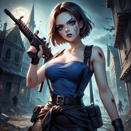masterpiece, best quality, highres, realistic, best quality, zPDXL2,
score_9, score_8_up, score_7_up, Expressiveh,
BREAK,
((undead ghouls in background, aiming assault rifle at viewer)), zombies, hoards, <lora:REJill:1.5>, JillRE3, brown hair, (blue tube top), bob cut, short hair, suspenders, pencil skirt, clothes around waist, boots, slim waist, curvy body, cute, close-up, amazing, very aesthetic, pretty girl, determined, fierce, assault rifle, beaten, blooded, ripped clothes,
BREAK,
(portrait photography:0.7), dark background, post-apocalyptic background, dark light, shallow depth of field, photographed on a Sony a9 II, 50mm wide angle lens, sharp focus, backlit, urban midnight, (dramatic lighting), horror scene, horror theme, dark theme, night time,