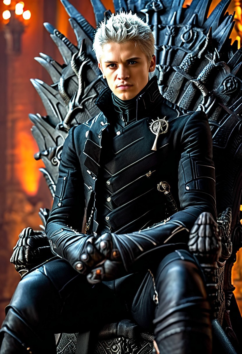 (dmc5vergil, black coat, fingerless gloves, pants, sitting on Iron Throne), high quality, photo realistic, HD, hyperdetailed, Nikon 15mm f/1.8G, studio photography, Game of Thrones style, aesthetic, extremely detailed, great lighting