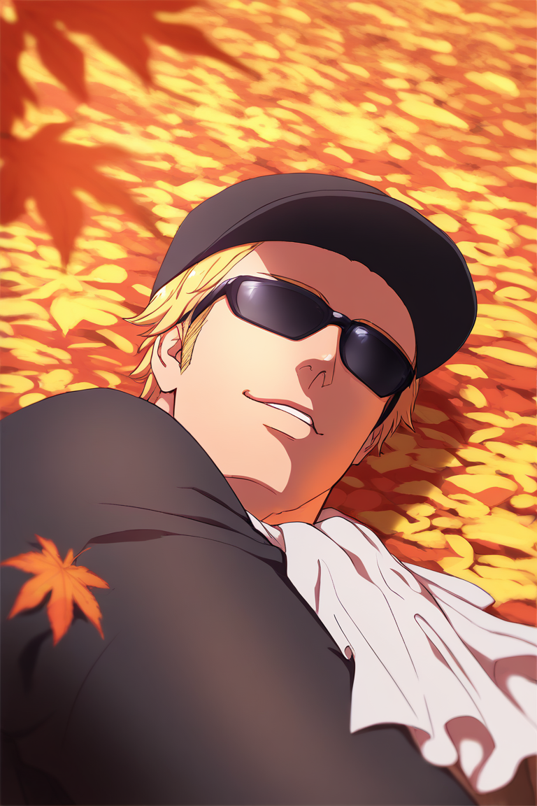 score_9, score_8_up, score_7_up, source_anime, rating_questionable, realistic shading, natural lighting, autumn leaf, large autumn leaf, water, intimate-POV theme, lying on side, shushing, male focus, looking at viewer, expressive face, parted lips, smiling, autumn clothes, ascot, stillkof, black_stillkof_hat, blonde_stillkof_short hair, black_stillkof_sunglasses, 1boy, shiny skin, close-up, dutch angle, dynamic angle, intricately detailed illustration, depth of field, atmospheric perspective