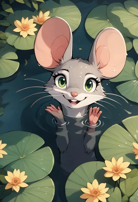 score_9, score_8_up, score_7_up, score_6_up, score_5_up, score_4_up,
[][][]
(((mouse))), (feral), (furry:0.7), female, solo, (fluffy), (fluffy cheeks:0.7), cute
[][][][][]
in the style of beatrix potter, flat color, partially submerged, 
[][][][][]
flowers,
grey fur, grey ears, green eyes, (side view), (excited expression), swimming, head above water, (close up) (head and shoulder portrait:1.4), looking at viewer, water, nature, smile, waving to viewer, ((wet fur)), high angle view, (small ears)