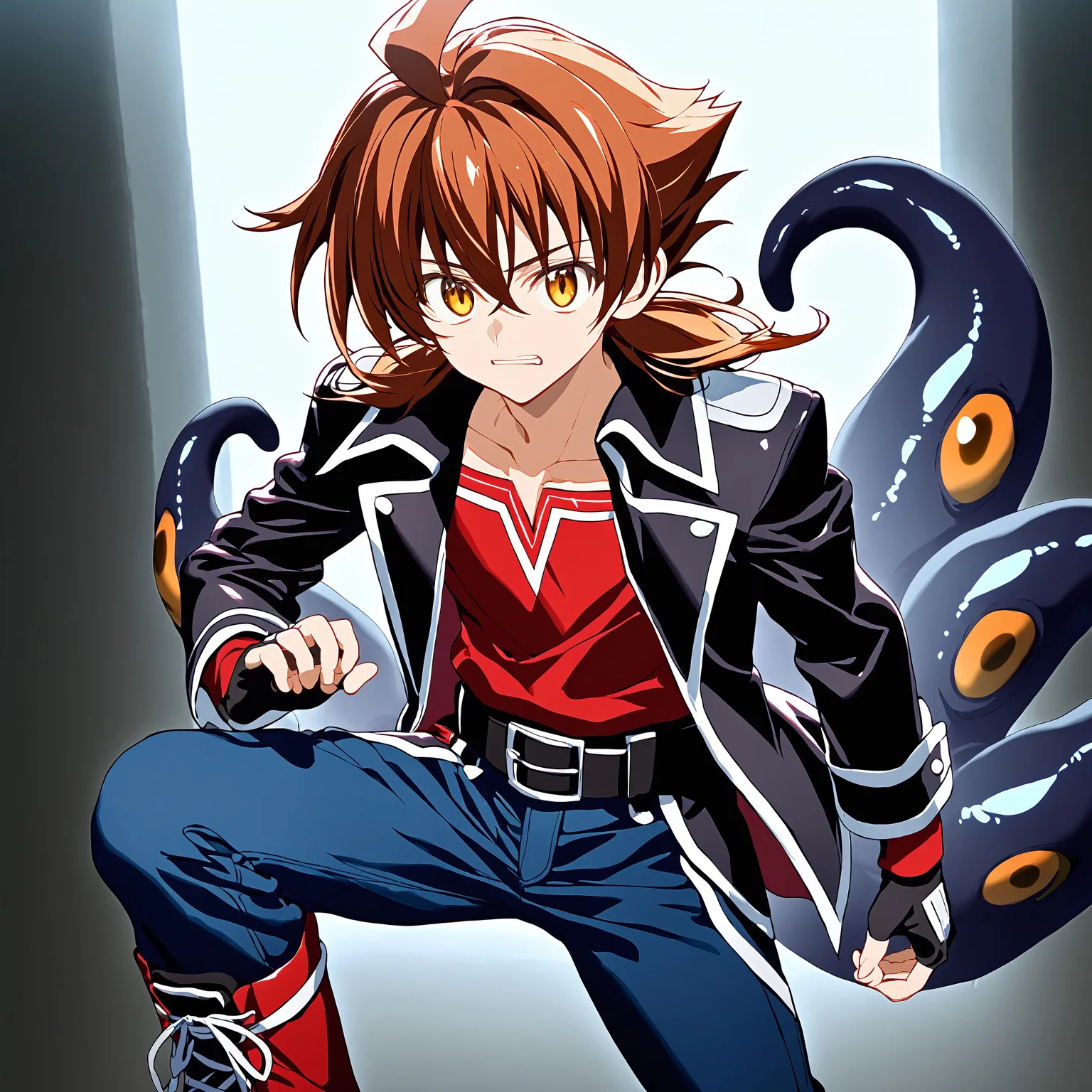 (Masterpiece 1.5),(highres 1.5),perfect face, , 1boy, issei_hyoudou, brown hair, brown eyes, hair between eyes, fit body, brown hair, brown eyes, hair between eyes,Young man with spiky brown hair, intense brown eyes Wearing long sleeve black shirt Stylishly ripped light blue jeans Black leather belt with silver buckle Fingerless black leather gloves on hands Black leather combat boots Powerful muscular build, broad shoulders Posing powerfully with fists clenched Flanking Issei on each side: Sinister hulking black dogs with multiples eyes and mouths Jagged teeth and tentacles emerging from inky flesh Eldritch horror style straight from Lovecraft's visions Dark mist swirling around their ethereal bodies Scene description: Very high quality, extremely detailed anime rendering Dramatic ominous lighting spotlighting Issei Dark void background to frame him and dogs
, Dxd light novel style, <lora:5fb77d04-3598-4d99-bd06-f6aebdafe396:0.9>, <lora:2848fb23-d446-4028-910f-51b3d52f840f:0.7>, <lora:6d955744-5124-487d-86d1-4475b71d8ccd:0.7>