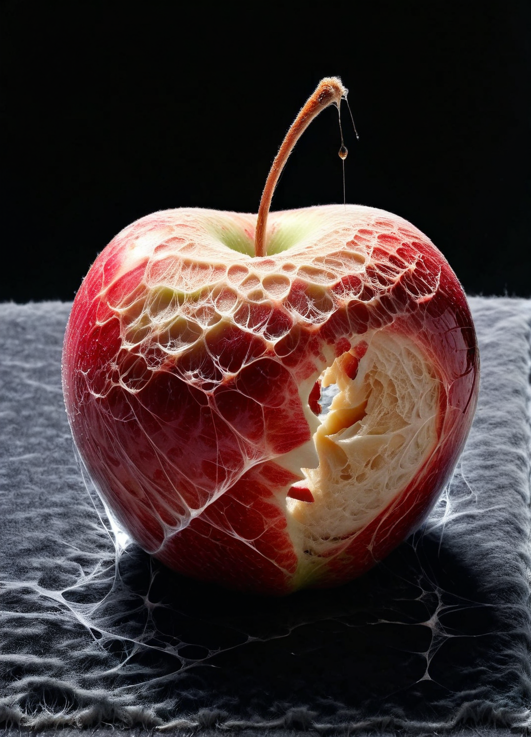 An ais-cbwbs apple, half-eaten with a glistening bite mark, resting on a velvet cushion <lora:ais-cbwbs-sdxl:1>