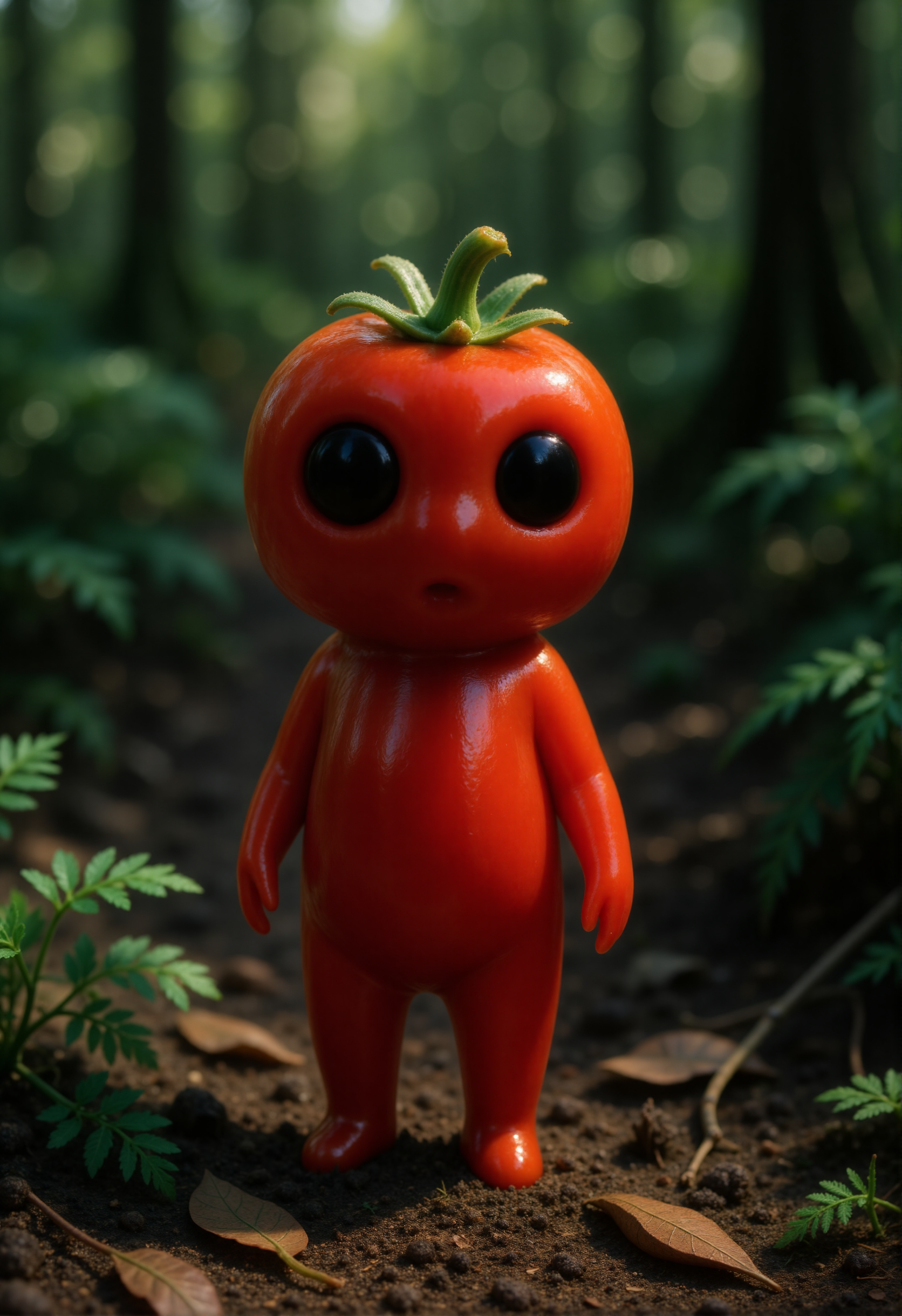 A small Kodama forest spirit stands on a bed of rich soil scattered with fallen leaves. Its body has the classic rounded shape but is smooth and glossy like a fresh bell pepper, with vibrant red skin that reflects soft light and subtle ridges running vertically. Its head matches the bell pepper texture, topped with a small green stem and a few leafy sprouts like a natural crown. Large, dark eyes set gently into the shiny surface give it a curious and gentle expression. The background features dense forest undergrowth with ferns and scattered twigs, bathed in soft, filtered sunlight. <lora:Kodama_V1:1>