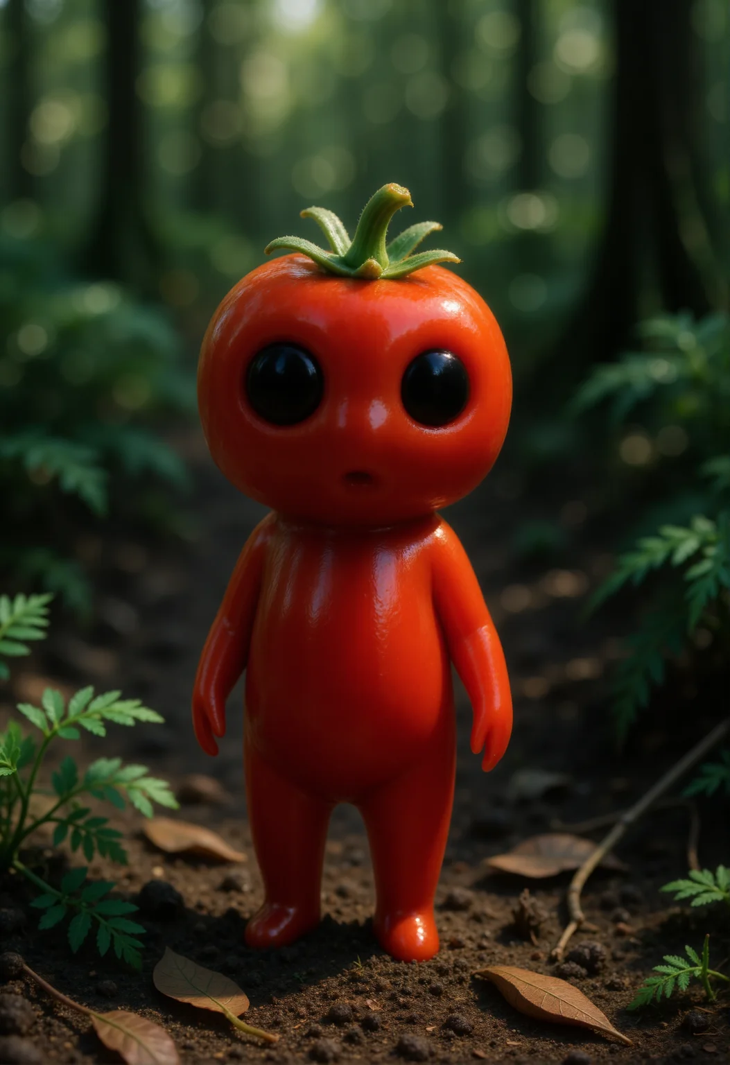 A small Kodama forest spirit stands on a bed of rich soil scattered with fallen leaves. Its body has the classic rounded shape but is smooth and glossy like a fresh bell pepper, with vibrant red skin that reflects soft light and subtle ridges running vertically. Its head matches the bell pepper texture, topped with a small green stem and a few leafy sprouts like a natural crown. Large, dark eyes set gently into the shiny surface give it a curious and gentle expression. The background features dense forest undergrowth with ferns and scattered twigs, bathed in soft, filtered sunlight. <lora:Kodama_V1:1>