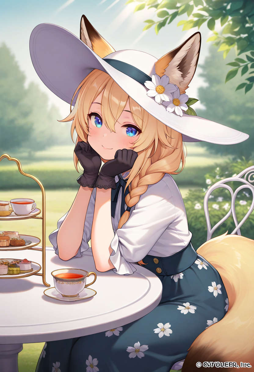 masterpiece,best quality,amazing quality, 1girl, solo, long hair, looking at viewer, blush, smile, blue eyes, skirt, blonde hair, shirt, gloves, hat, animal ears, hair between eyes, sitting, closed mouth, tail, white shirt, braid, flower, outdoors, food, day, black gloves, cup, animal ear fluff, fox ears, fox tail, white headwear, chair, floral print, table, sunlight, white flower, fox girl, hair over shoulder, plate, teacup, sun hat, head rest, hat flower, tea, ears through headwear, saucer, tiered tray