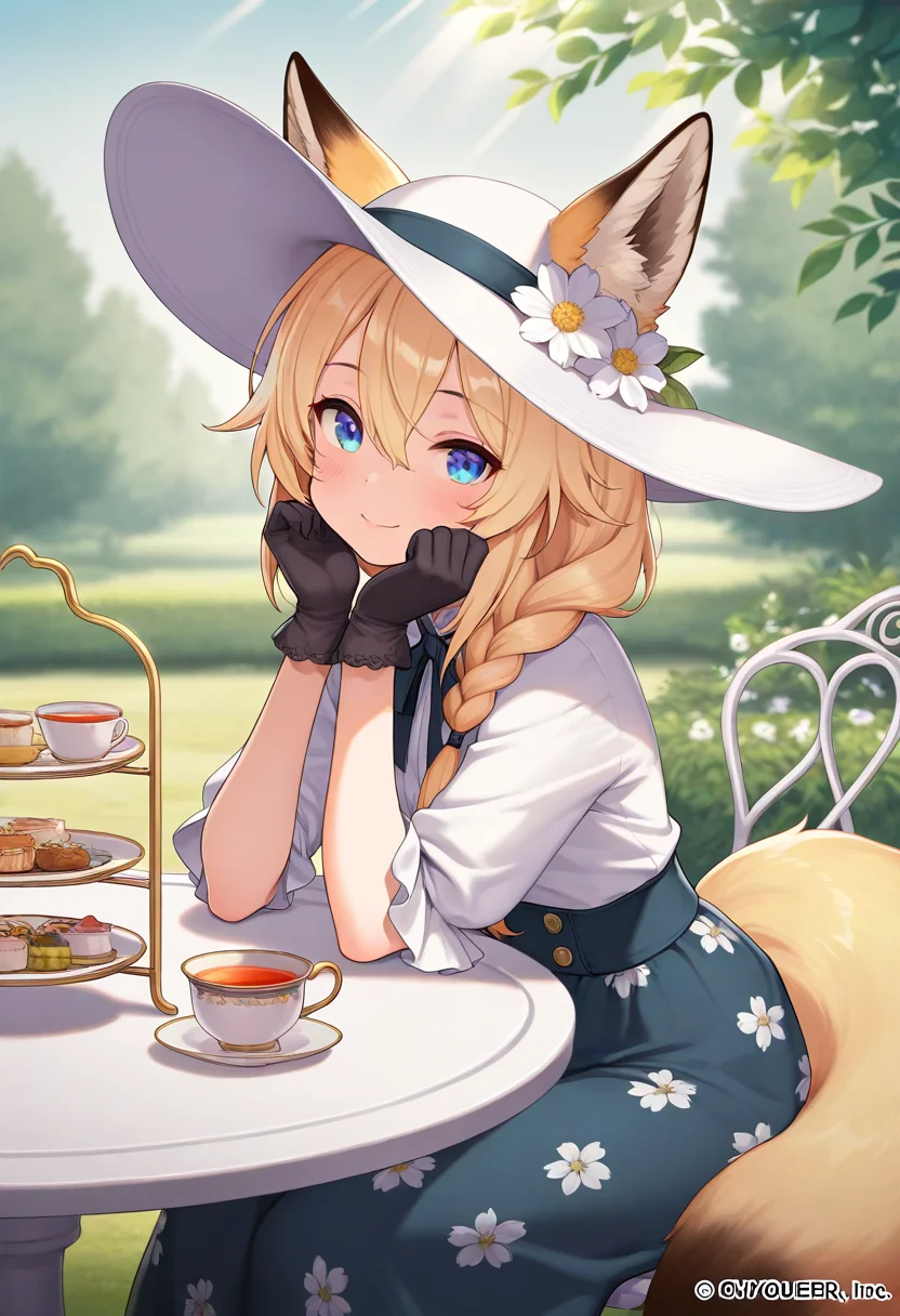 masterpiece,best quality,amazing quality, 1girl, solo, long hair, looking at viewer, blush, smile, blue eyes, skirt, blonde hair, shirt, gloves, hat, animal ears, hair between eyes, sitting, closed mouth, tail, white shirt, braid, flower, outdoors, food, day, black gloves, cup, animal ear fluff, fox ears, fox tail, white headwear, chair, floral print, table, sunlight, white flower, fox girl, hair over shoulder, plate, teacup, sun hat, head rest, hat flower, tea, ears through headwear, saucer, tiered tray