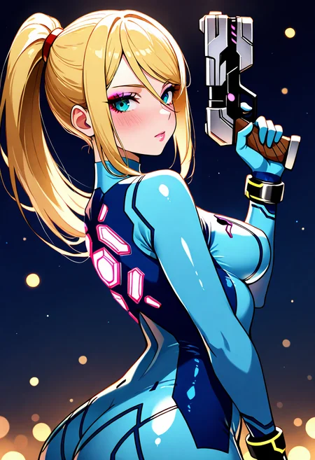 masterpiece, best quality, 32k, high resolution, absurdres, medium breasts, (curvy), cute, eyelashes, samus, solo, blonde hair, bodysuit, blue clothes, blue pants, (upper body:1.1), looking at viewer, side view, (gun up), outer space, makeup, night, eyeshadow, pink lips, blush, bokeh, luminescent background,