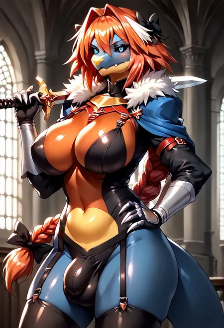 score_9, score_8_up, source_anime, 1futa, solo, mature female, curvy, (redhead:2), (long hair:1.5), (blue eyes:1.5), anthro, furry female, furry, pokemon creature, colored sclera, black sclera, colored skin, tail, claws, shiny skin, (large breasts:1.5), (large bulge:1.1), EPfaAstolfo, ribbon, hair ribbon, braid, hair between eyes, hair intakes, white hair, hair bow, single braid, long hair, long braid, streaked hair, skin fang, bow, black bow, :3, sword, fur trim, garter straps, thighhighs, holding weapon, blush, holding, holding sword, armor, black thighhighs, long sleeves, cape, weapon, male focus, hand on hip, long braid, gauntlets, indoors, castle