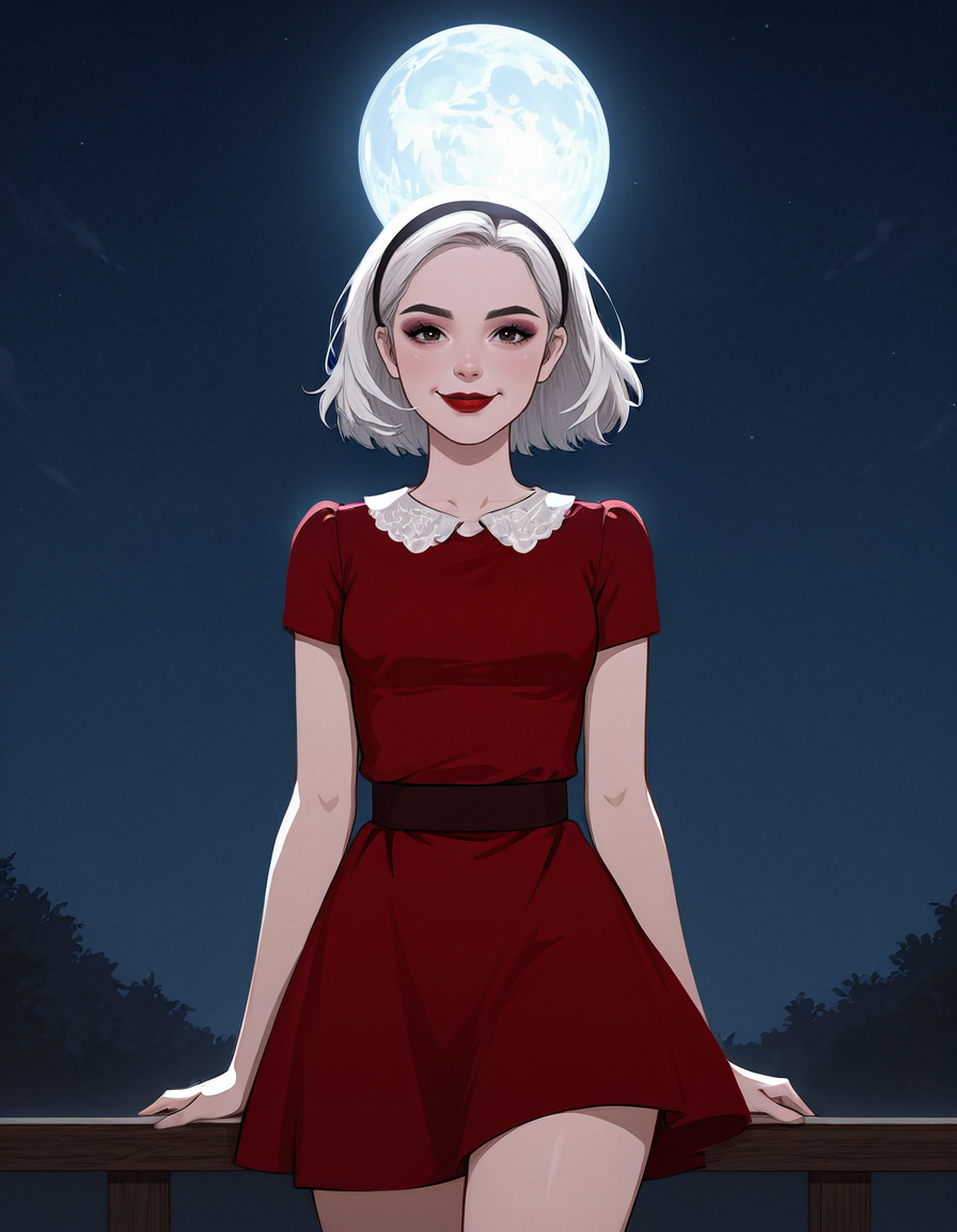<lora:SabrinaIllustrious1.00JLFO:1> sabrina, solo, 1girl, white hair, hairband, short hair, red dress, brown eyes, red lips, shirt, makeup, looking at viewer, cowboy shot,night sky,smile,  moon, masterpiece, best quality, amazing quality, very aesthetic, absurdres