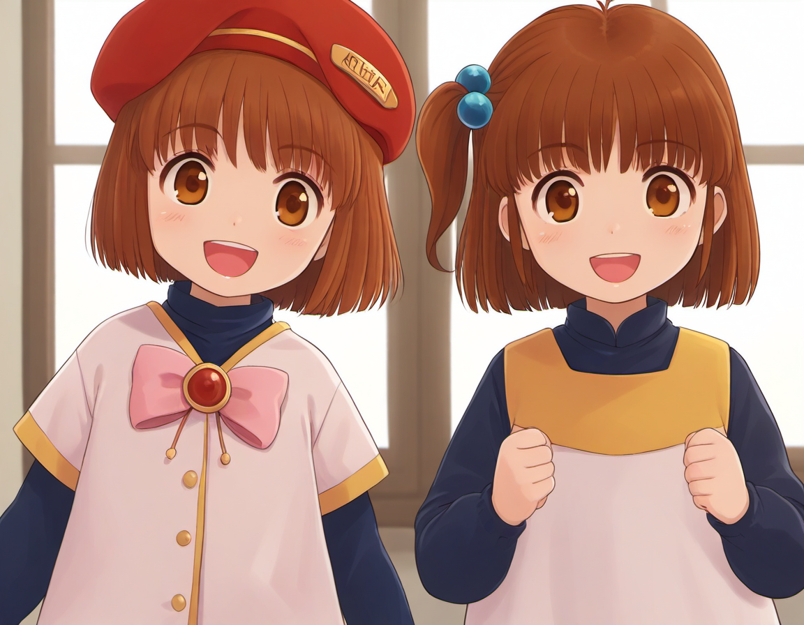 PuyoArleYD,brown hair,brown eyes,vests,red beret, pink bow,buttons,handshake
PuyoArleYH,brown hair,brown eyes, hair bobbles, yellow collar, kindergarten uniform,handshake
<lora:PuyoArleY_SDXL_Illustrious_fp16_ver08:1>,((2girls)),smile,open mouth,masterpiece, higher,highly detailed, absurdres,upper body, looking at viewer,, masterpiece, best quality, very aesthetic, absurdres,<lora:detailed_hands:1>,hand