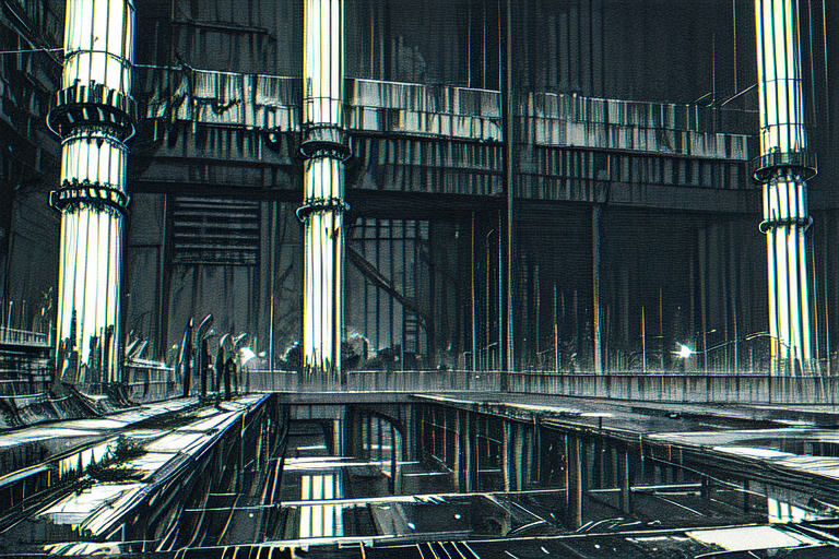 highly insanely detailed, masterpiece, top quality, best quality, highres, 4k, 8k, RAW photo, (very aesthetic, beautiful and aesthetic),  
tsutomu nihei,nihei_tsutomu,blame!,blame gakuen!,abara,TNstyle,sidonia_no_kishi,(tower,mausoleum,hangar),ventilation fan,ventilation shaft,star \(sky\),starry sky,letterboxed,tentacles,gauna,gauna mech,buildings,dark sky,black sky,concrete walls,metal walls, 
<lora:ABARA:0>, 
(1girl:1.3), 
solo focus, 
flare,fog,wet,wet body,rain,raining,night,neon lights,twilight,âââ