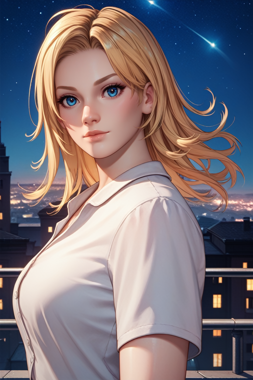 score_9, score_8_up, score_7_up, score_6_up
<lora:DOATina:0.9>
DOATina, 1girl, blonde hair, blue eyes, looking at viewer, standing on a rooftop at night, city lights twinkling below, wind gently blowing hair, starry sky above, mysterious and enchanting ambiance