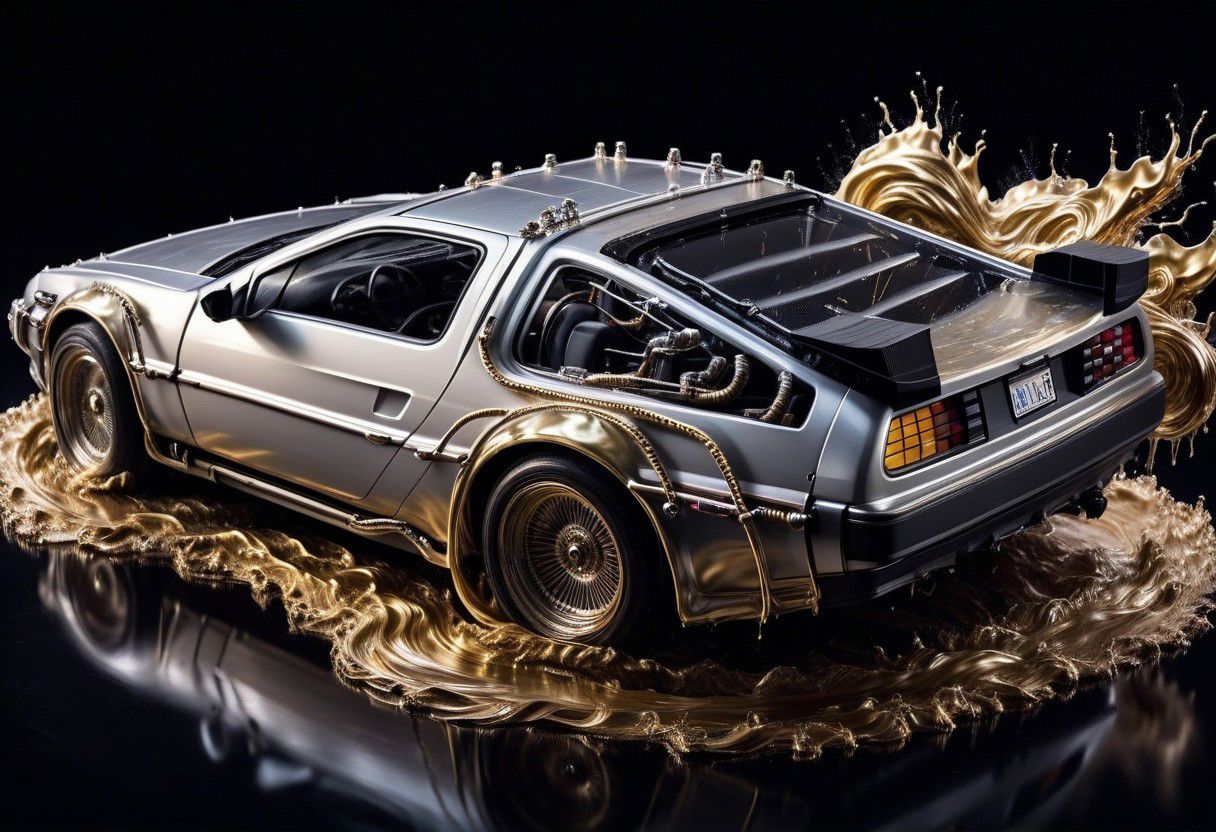 SILVER LIQUID METAL car, Car from back to the future, car, racing through GOLD LIQUID METAL, liquid metal sprays up from the cars tyres, Car drifting in a black void
