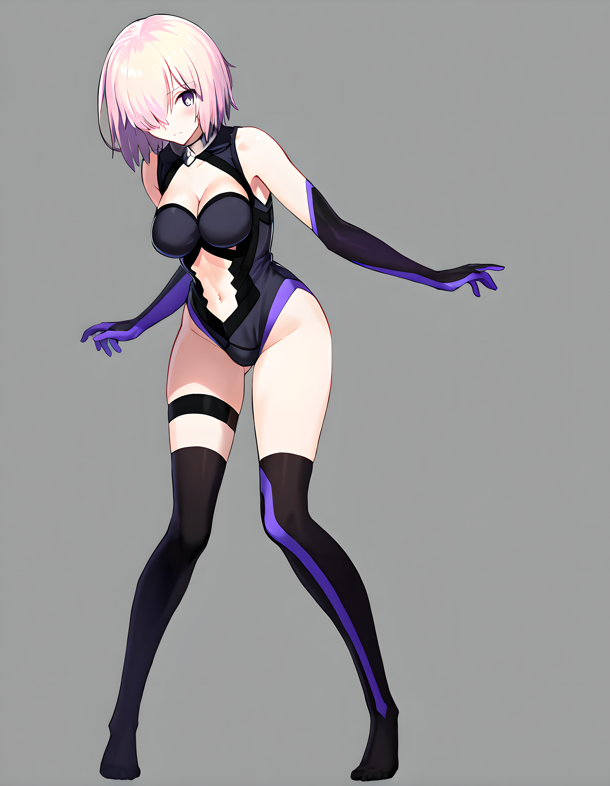 <lora:illustrious_XL_mash:0.9>,mash,masterpiece,best quality,good quality,1girl,solo,hair over one eye,black leotard,bare shoulders,cleavage,navel,elbow gloves,purple gloves,thigh strap,thighhighs,no shoes,standing,light_blush,white background,full body,bare hands,
