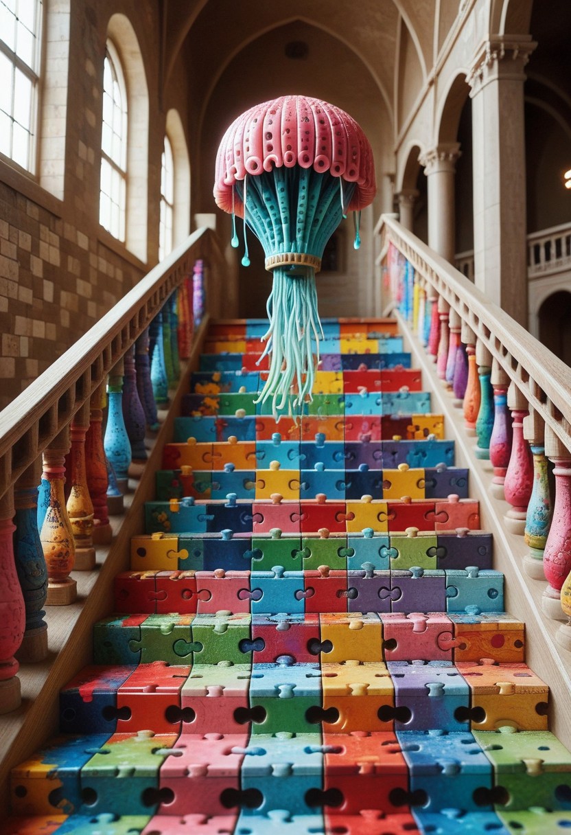 A beautiful big jellyfish made out of puzzle_morph_rks in a ((M.C. Escher)) style museum, many stairs, meta, crazy, (puzzle style)