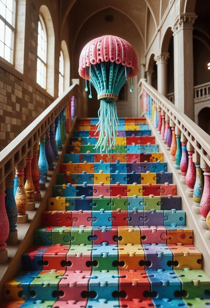 A beautiful big jellyfish made out of puzzle_morph_rks in a ((M.C. Escher)) style museum, many stairs, meta, crazy, (puzzle style)