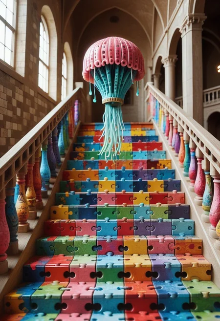 A beautiful big jellyfish made out of puzzle_morph_rks in a ((M.C. Escher)) style museum, many stairs, meta, crazy, (puzzle style)