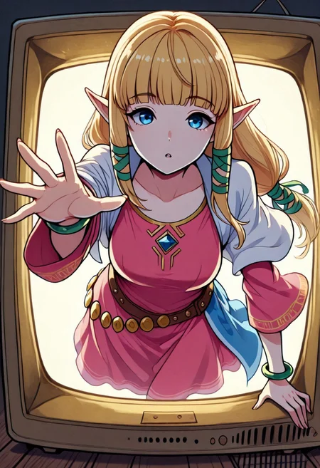 masterpiece,best quality, 2D, 1girl, solo, zeldssn11, blonde hair, hair tubes, hair ribbon, low-tied long hair, blunt bangs, blue eyes, pointy ears, brown belt, pink dress, green bracelets, white capelet, blue waist cape, medallions, scr33n, screen, emerging, emerging from television screen,